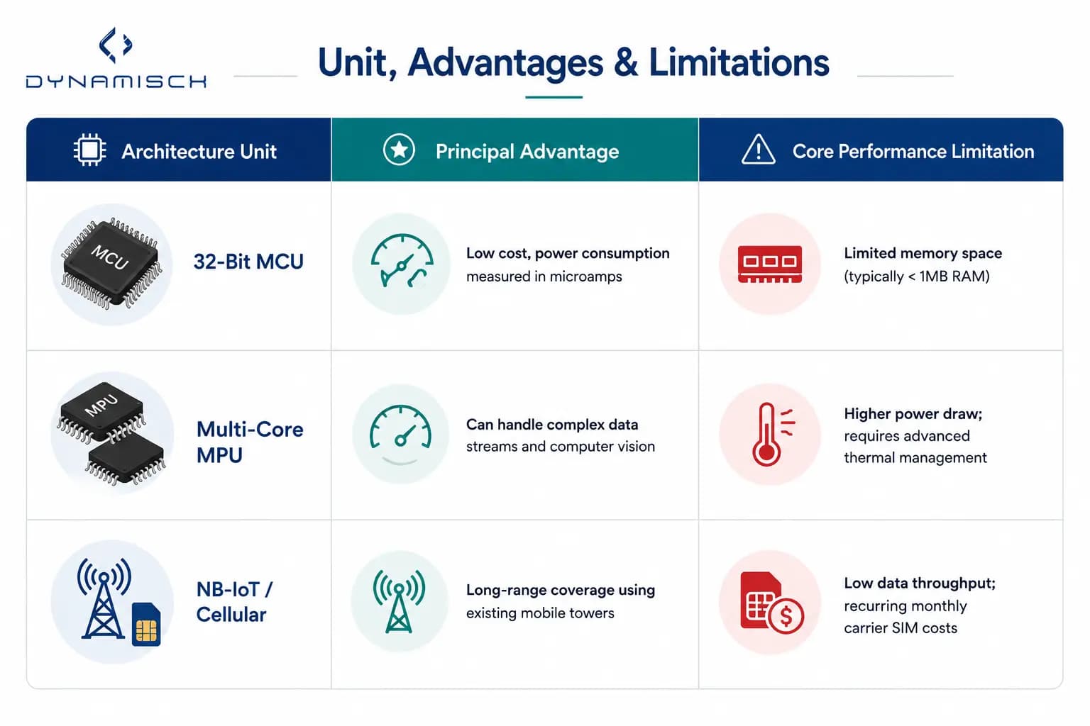 Comparison table of embedded IoT architecture units including 32-bit MCU, multi-core MPU, and NB-IoT with advantages and limitations