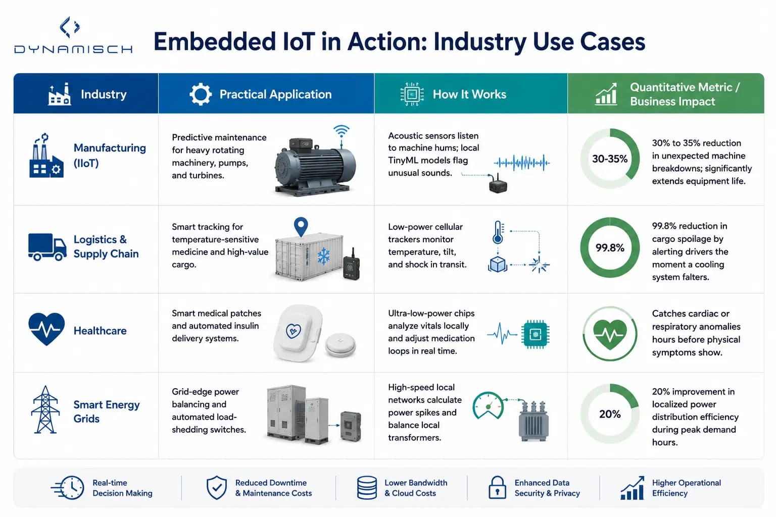 Embedded IoT industry use cases table showing manufacturing, logistics, healthcare, and smart energy applications with quantitative business metrics