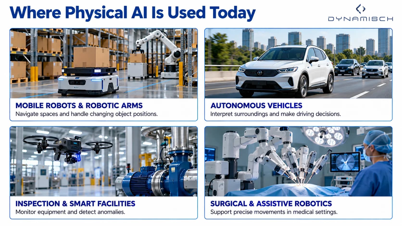 Four-panel infographic showing physical AI applications: an autonomous mobile robot in a warehouse, an autonomous vehicle on a road, industrial inspection equipment monitoring a factory, and a robotic-assisted surgical system in an operating room.
